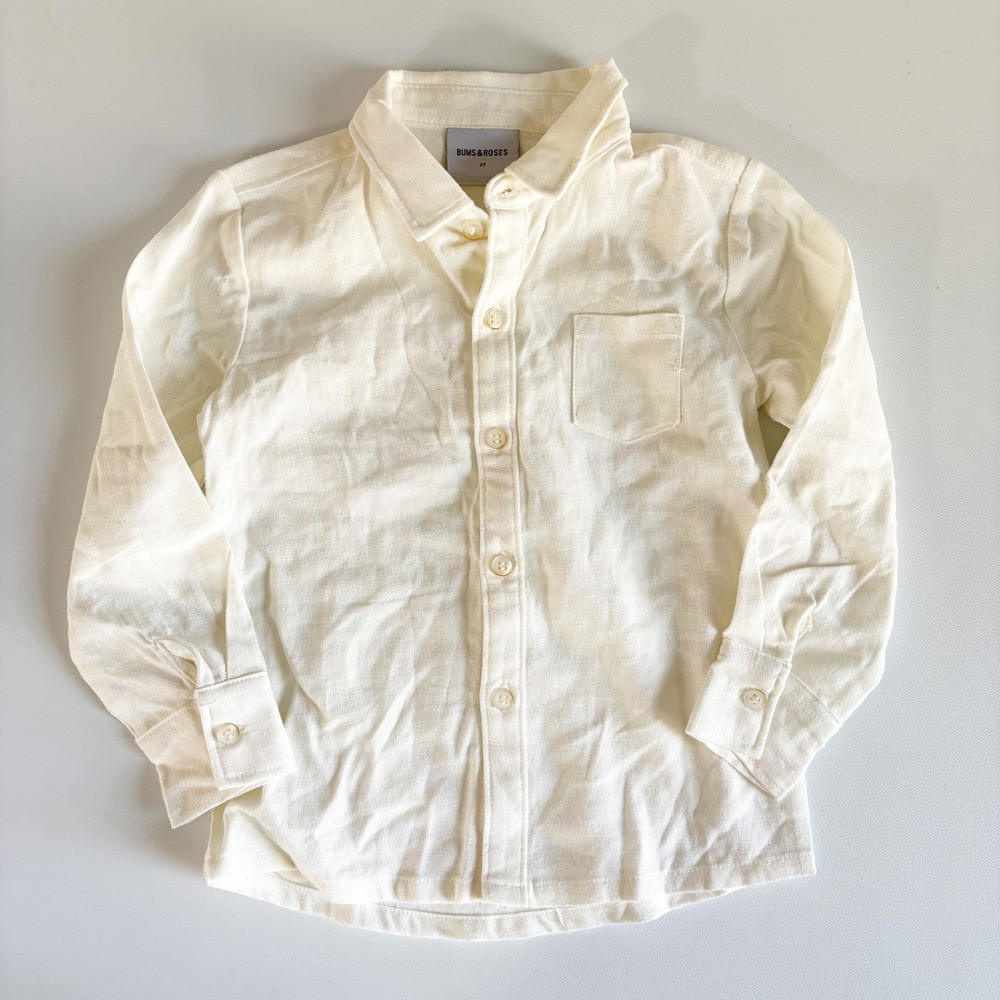 Bums & Roses Kids Ivory Bamboo Linen Blend Coastal Boho Button Down Shirt 2T